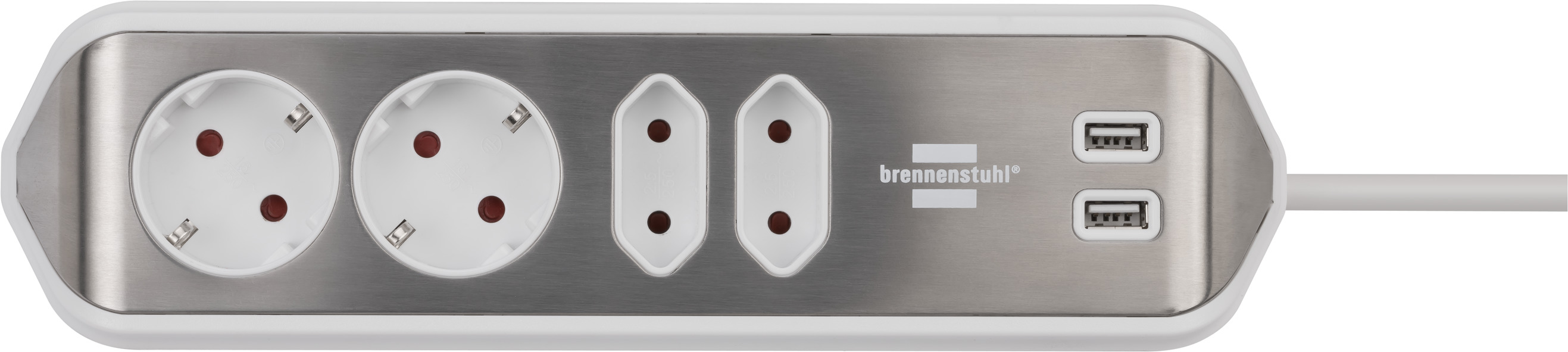 Presa angolare brennenstuhl®estilo con funzione di ricarica USB a 4 vie 2x  prese di protezionee 2x Euro argento/bianco